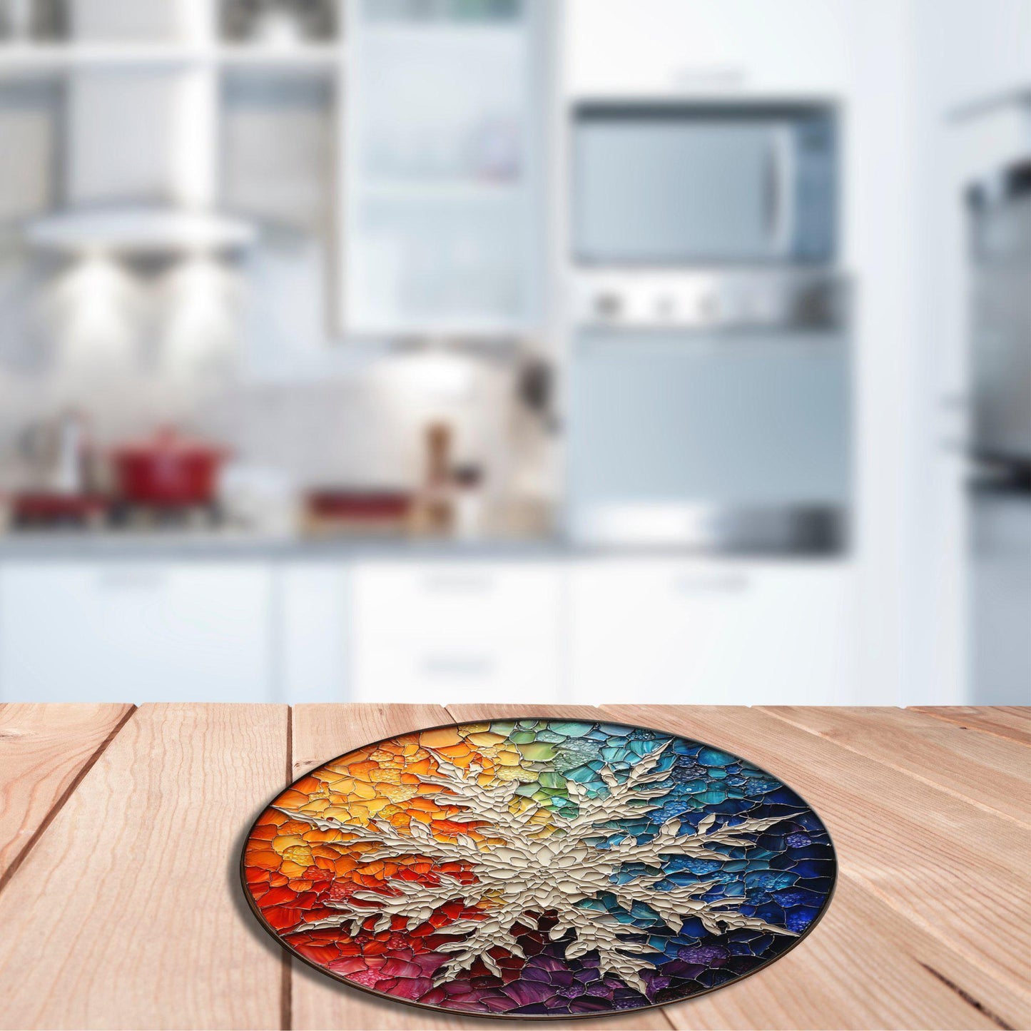 Rainbow Snowflake Glass Cutting Board 8-inch Round Trivet Charcuterie Board Gift for Her Mom Kitchen Decor