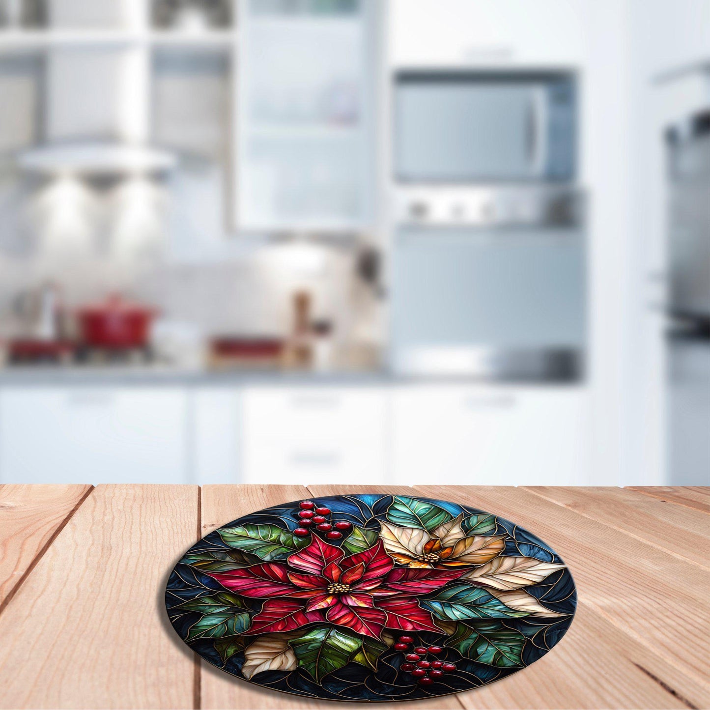Poinsettias Glass Cutting Board 8-inch Round Trivet Charcuterie Board Gift for Her Mom Kitchen Decor