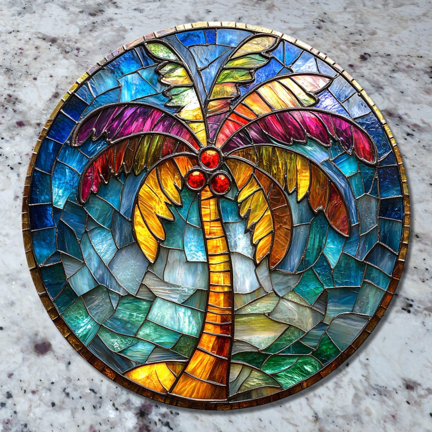 Tropical Palm Tree Christmas Glass Cutting Board 8-inch Round Trivet Charcuterie Board Gift for Her Mom Kitchen Decor