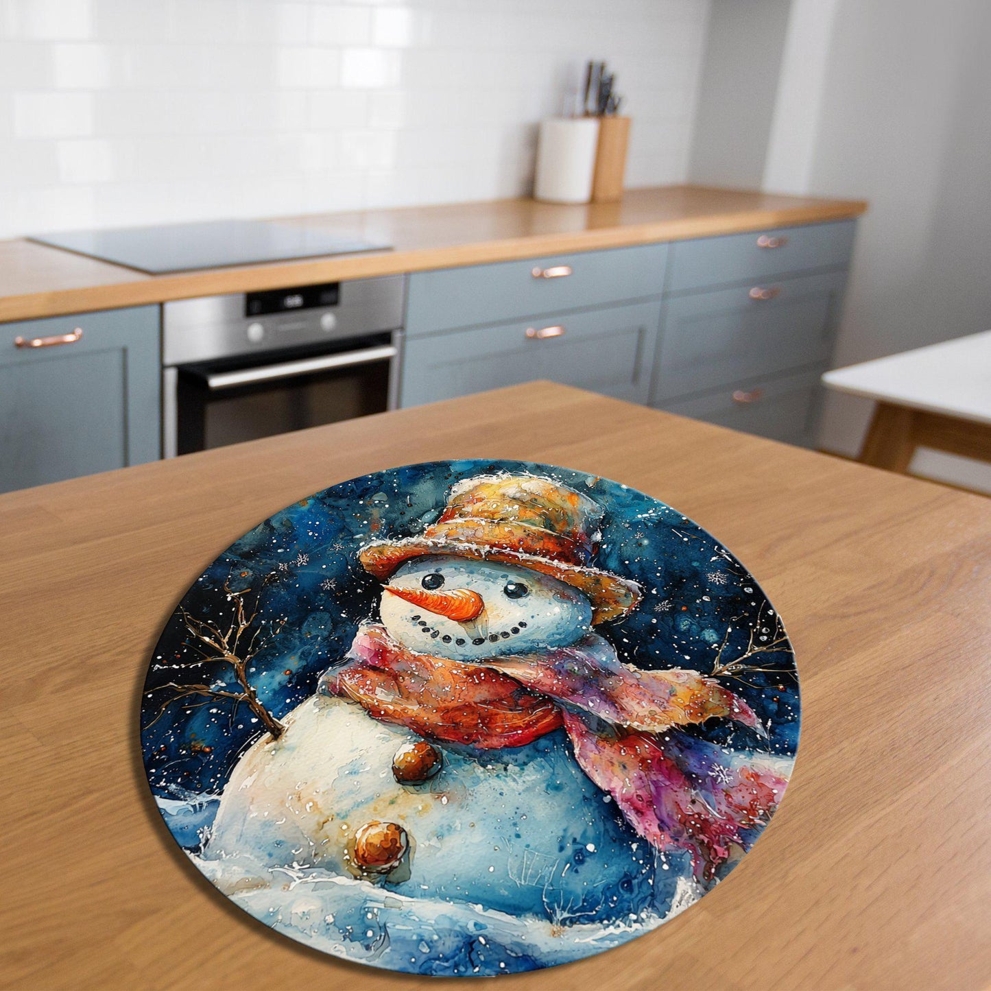Snowman Glass Cutting Board 8-inch Round Trivet Charcuterie Board Gift for Her Mom Kitchen Decor