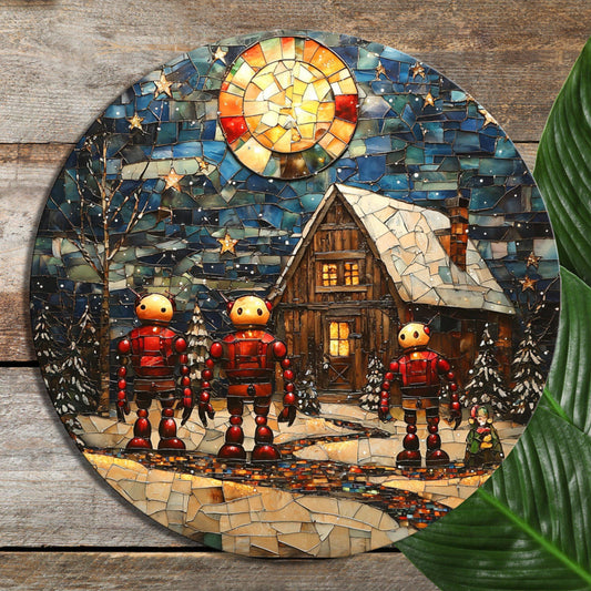Vintage Robot Christmas Glass Cutting Board 8-inch Round Trivet Charcuterie Board Gift for Her Mom Kitchen Decor