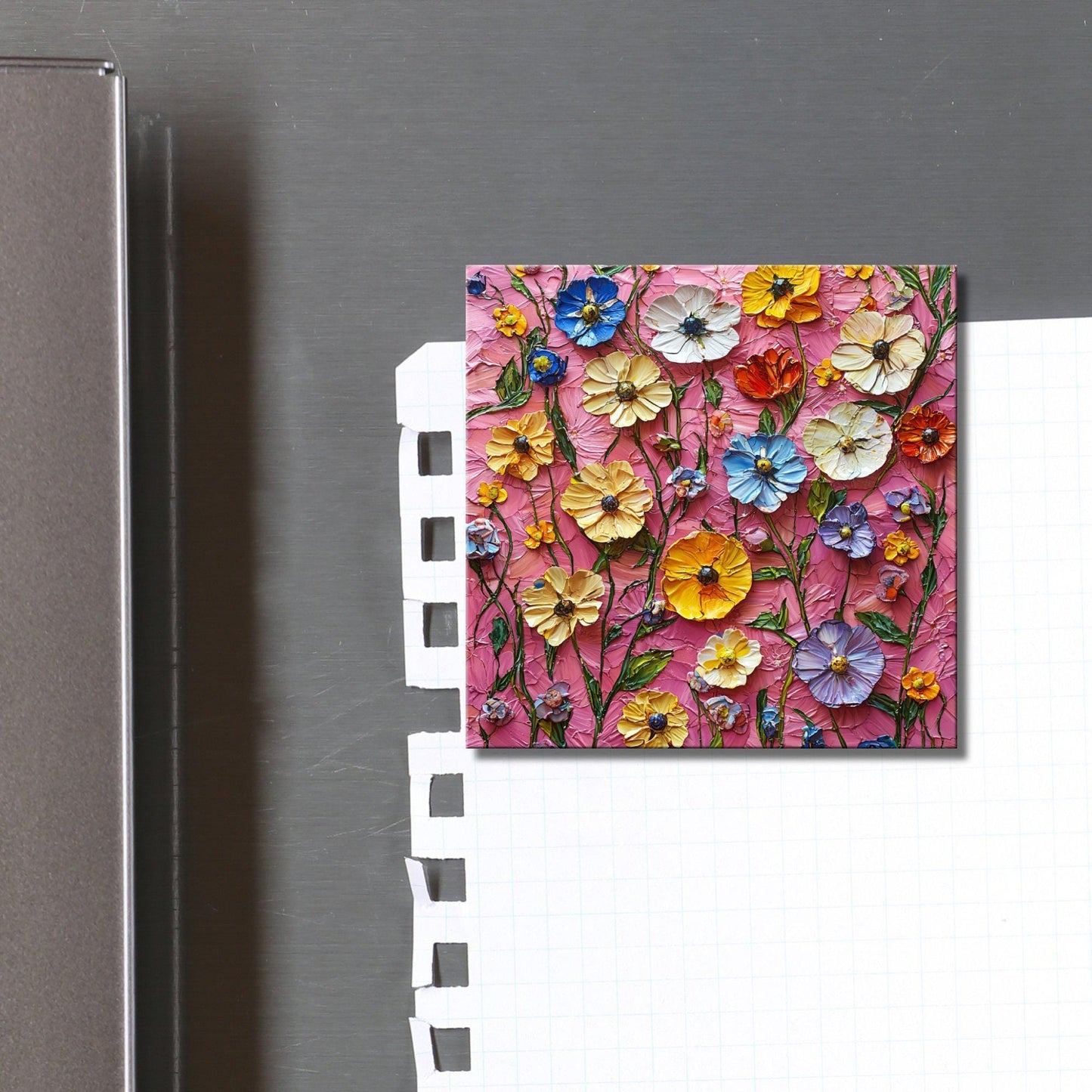Pressed Flowers on Pink Fridge Magnet 2-inch Strong Refrigerator Magnet Kitchen Decor Dopamine Ceramic Tile Art Gift for Her fridgescaping