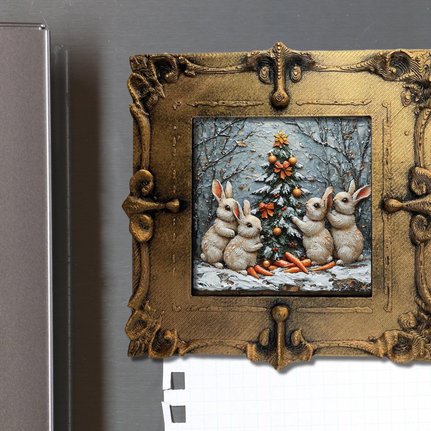 Bunny Carrots Christmas Tree Tiny Art Fridge Magnet Gold Framed Fridgescaping Art Picture Gallery Tiny Art Gift for Her Wife Mom
