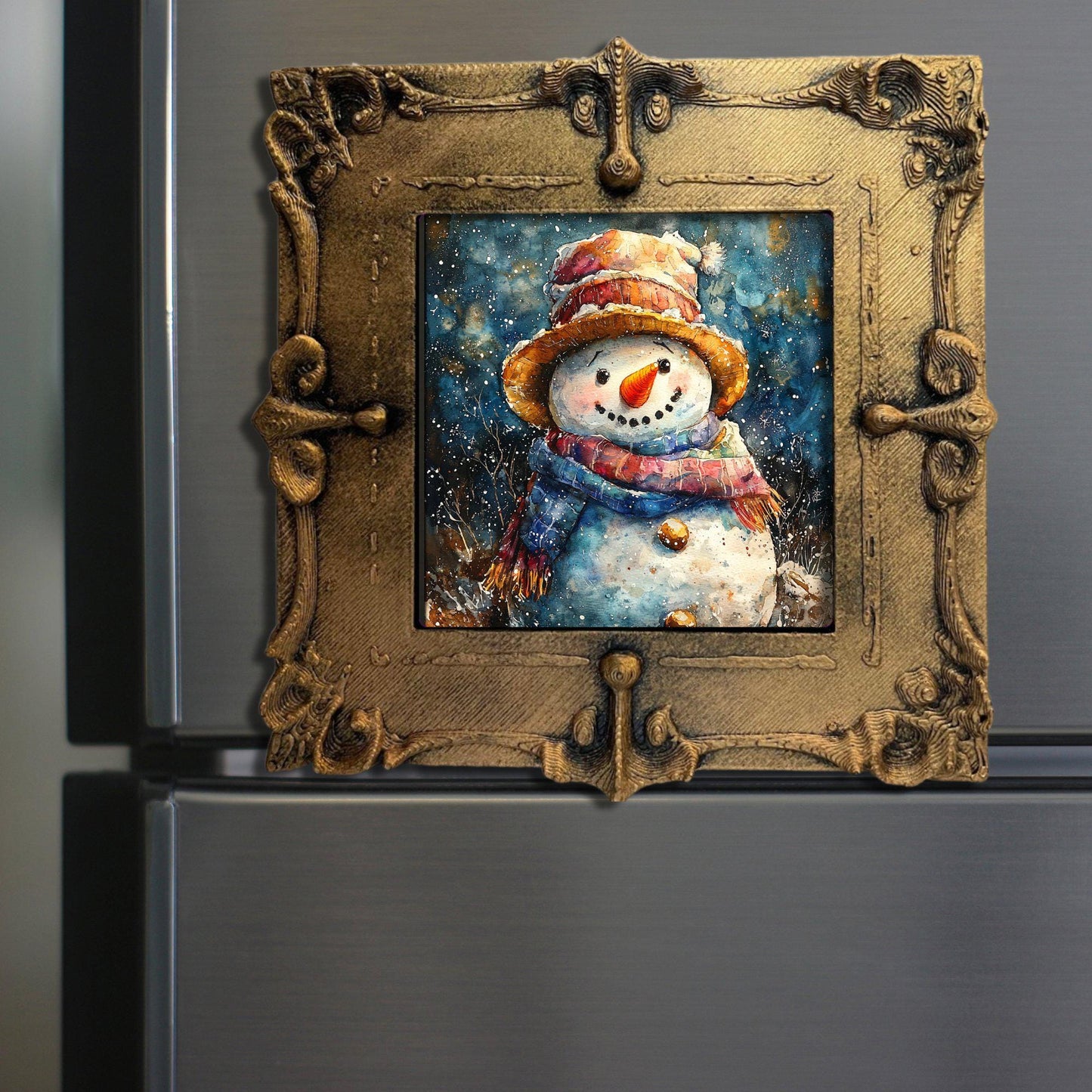 Vintage Snowman Tiny Art Fridge Magnet Gold Framed Fridgescaping Art Picture Gallery Tiny Art Gift for Her Wife Mom