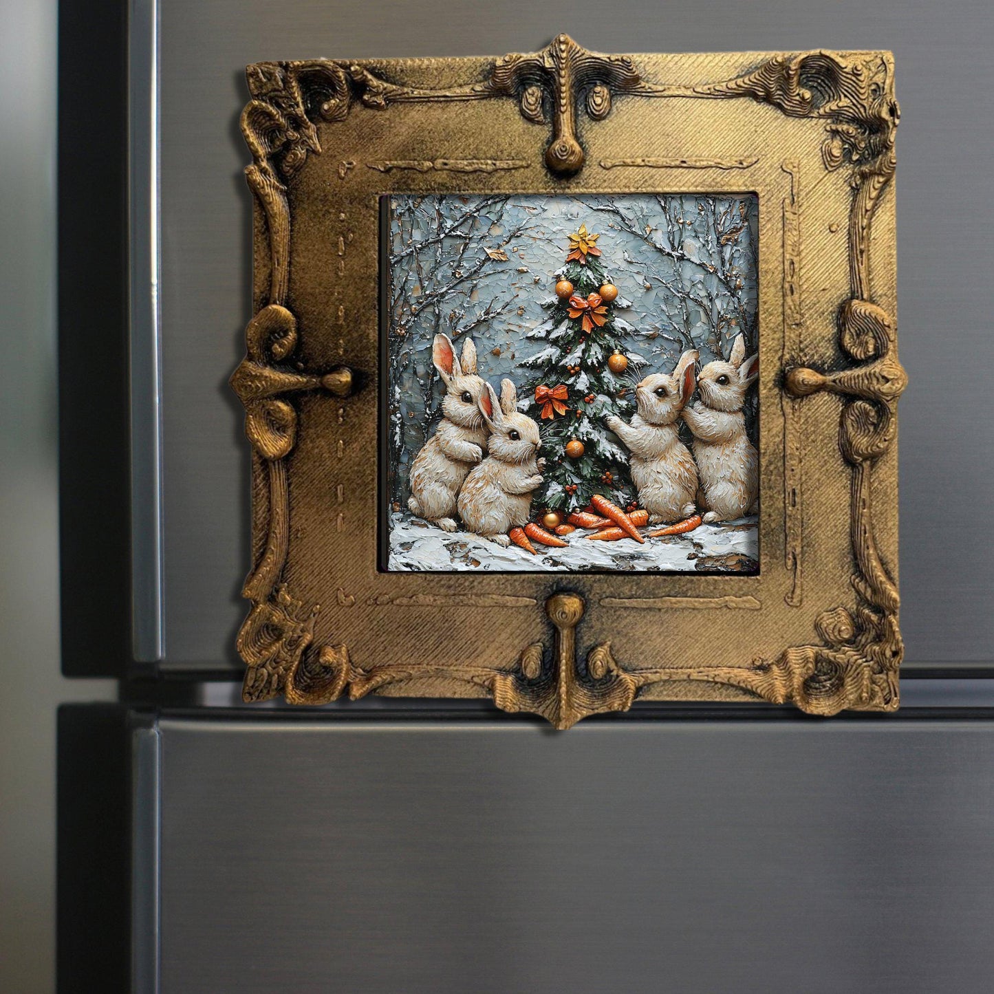 Bunny Carrots Christmas Tree Tiny Art Fridge Magnet Gold Framed Fridgescaping Art Picture Gallery Tiny Art Gift for Her Wife Mom
