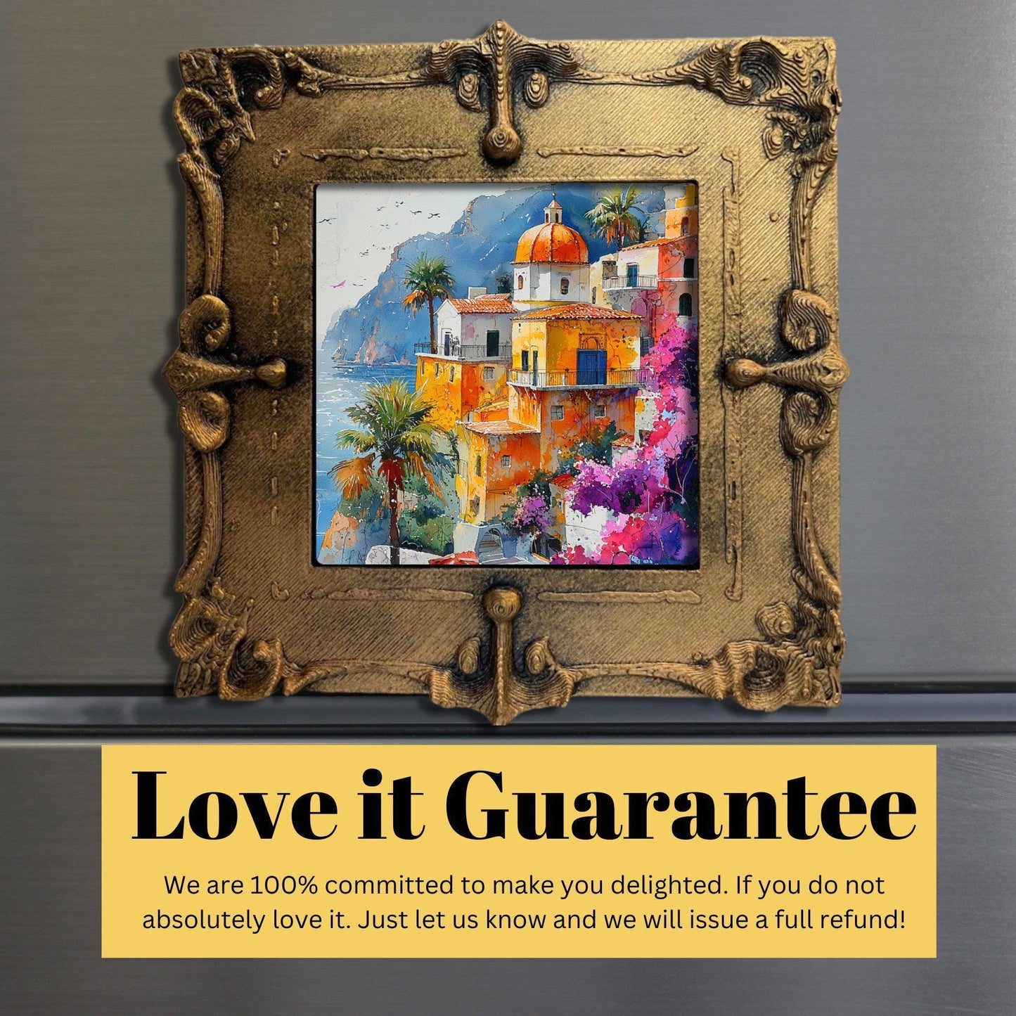 Positano Italy Gold Framed Refrigerator Magnet, Mini Art, Grand Millennial Style, Artful Kitchen Decor, Gift for Her fridgescaping