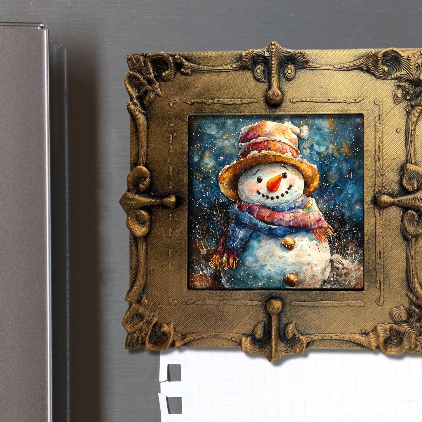 Vintage Snowman Tiny Art Fridge Magnet Gold Framed Fridgescaping Art Picture Gallery Tiny Art Gift for Her Wife Mom