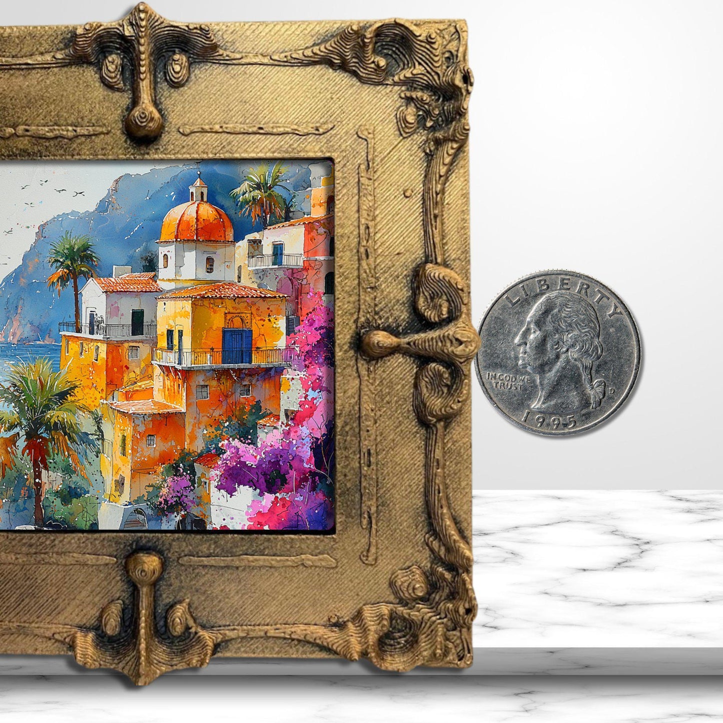 Positano Italy Gold Framed Refrigerator Magnet, Mini Art, Grand Millennial Style, Artful Kitchen Decor, Gift for Her fridgescaping