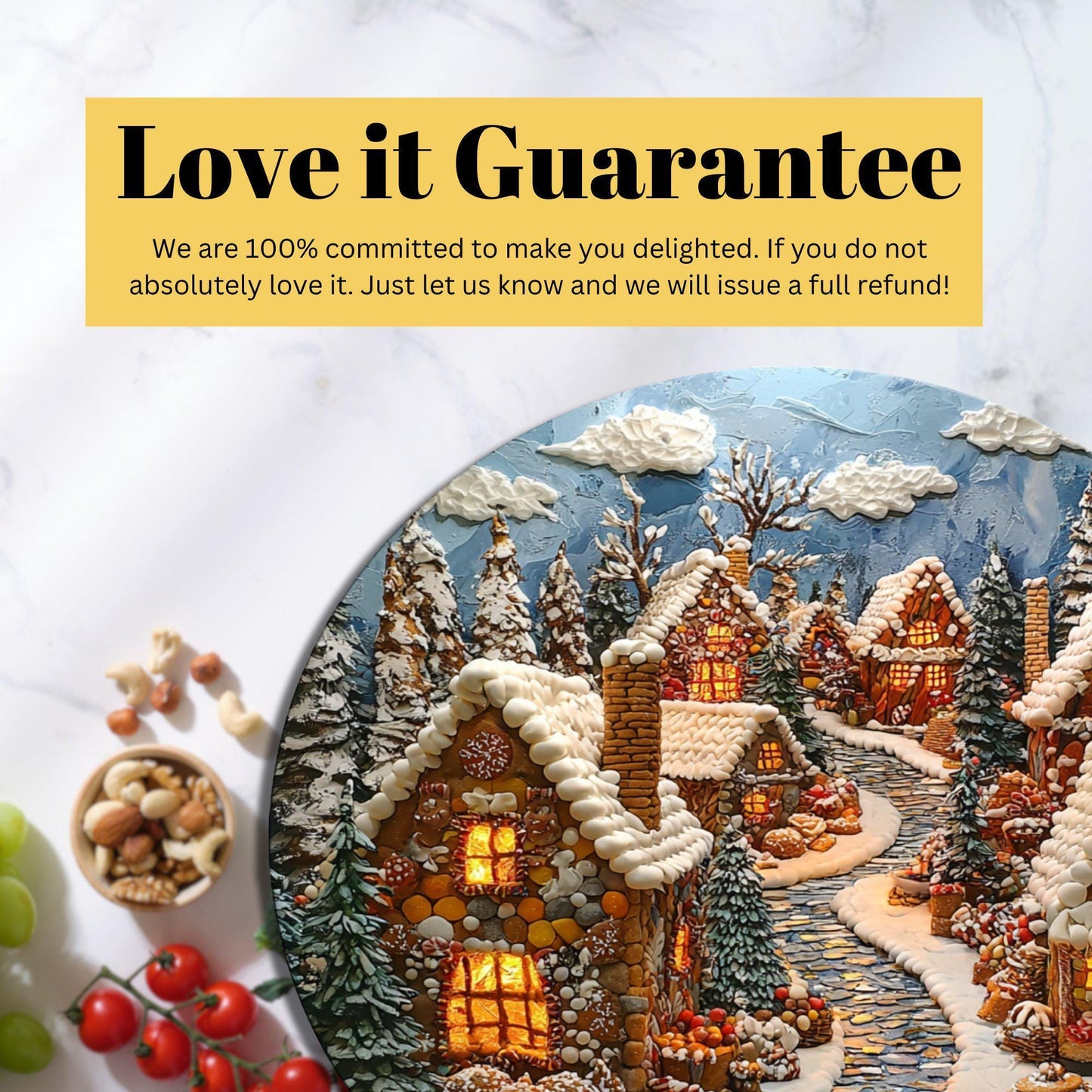 Gingerbread Village Glass Cutting Board 8-inch Round Trivet Charcuterie Board Gift for Her Mom Kitchen Decor