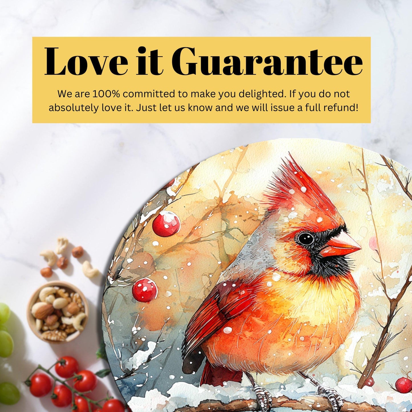 Cardinal on Winter Branch Glass Cutting Board 8-inch Round Trivet Charcuterie Board Gift for Her Mom Kitchen Decor