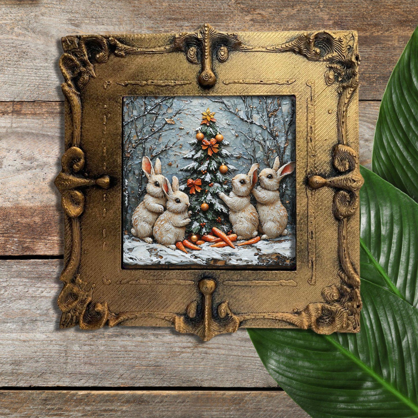 Bunny Carrots Christmas Tree Tiny Art Fridge Magnet Gold Framed Fridgescaping Art Picture Gallery Tiny Art Gift for Her Wife Mom