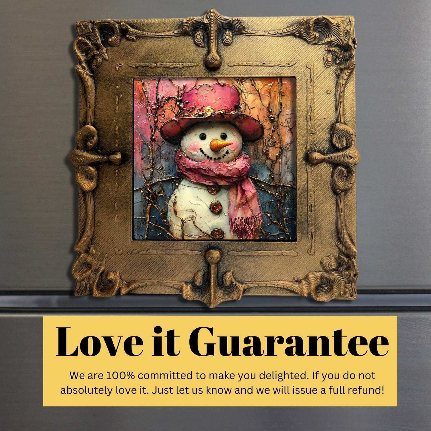 Pink Snowman Gold Framed Refrigerator Magnet, Mini Art, Grand Millennial Style, Artful Kitchen Decor, Gift for Her fridgescaping