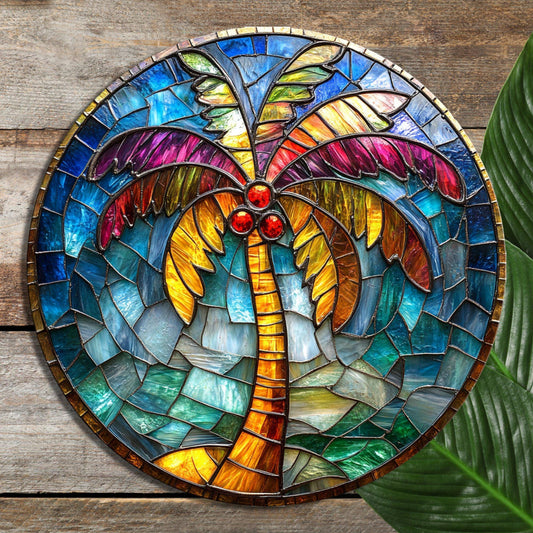 Tropical Palm Tree Christmas Glass Cutting Board 8-inch Round Trivet Charcuterie Board Gift for Her Mom Kitchen Decor
