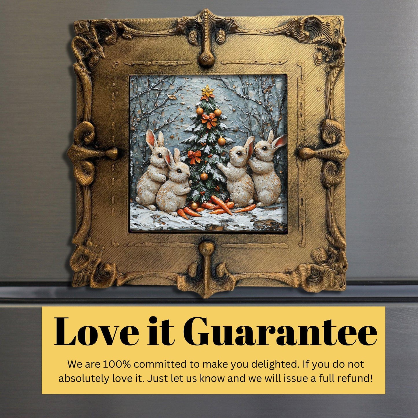Bunny Carrots Christmas Tree Tiny Art Fridge Magnet Gold Framed Fridgescaping Art Picture Gallery Tiny Art Gift for Her Wife Mom