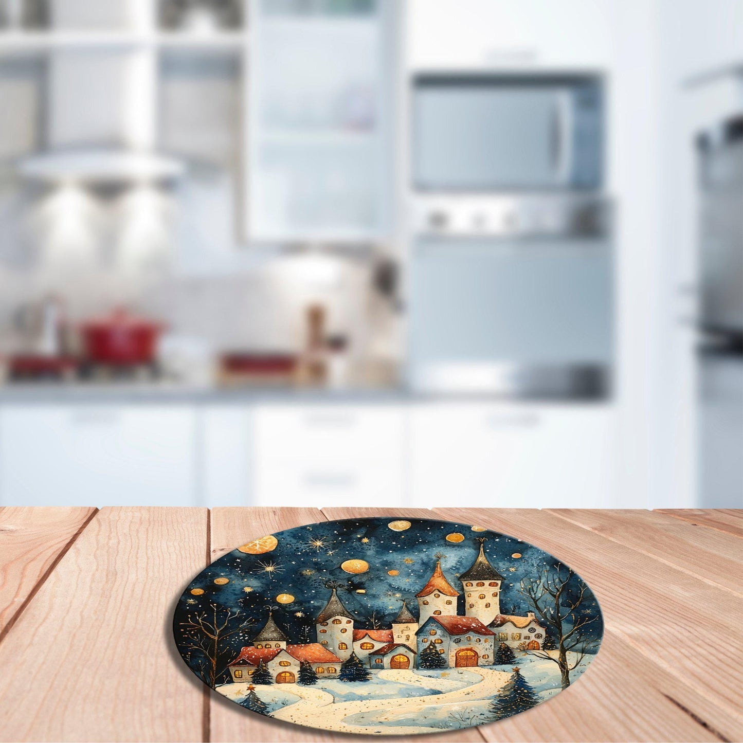 Christmas Village at Night Glass Cutting Board 8-inch Round Trivet Charcuterie Board Gift for Her Mom Kitchen Decor