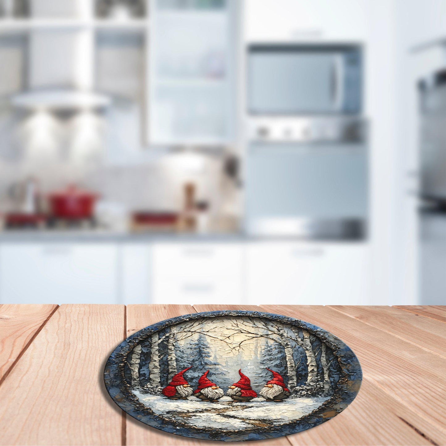 Gnome Secret Santa Meeting Glass Cutting Board 8-inch Round Trivet Charcuterie Board Gift for Her Mom Kitchen Decor