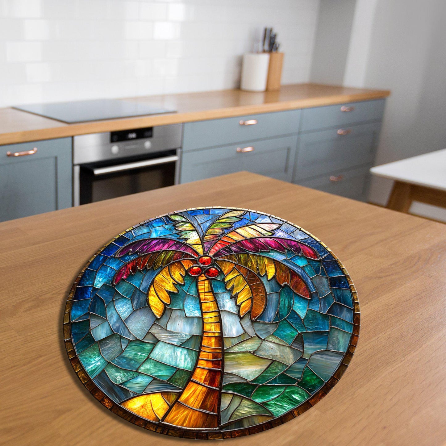 Tropical Palm Tree Christmas Glass Cutting Board 8-inch Round Trivet Charcuterie Board Gift for Her Mom Kitchen Decor