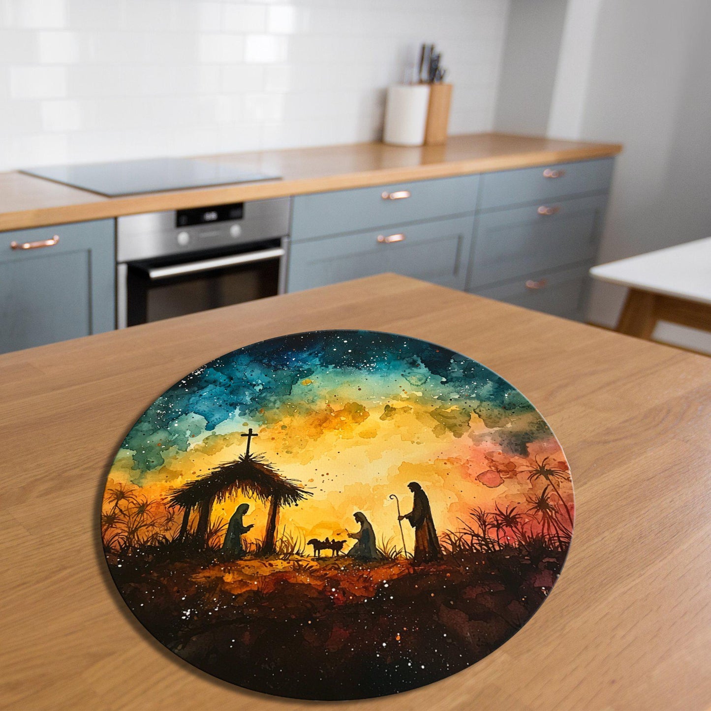 Vibrant Nativity Scene Glass Cutting Board 8-inch Round Trivet Charcuterie Board Gift for Her Mom Kitchen Decor