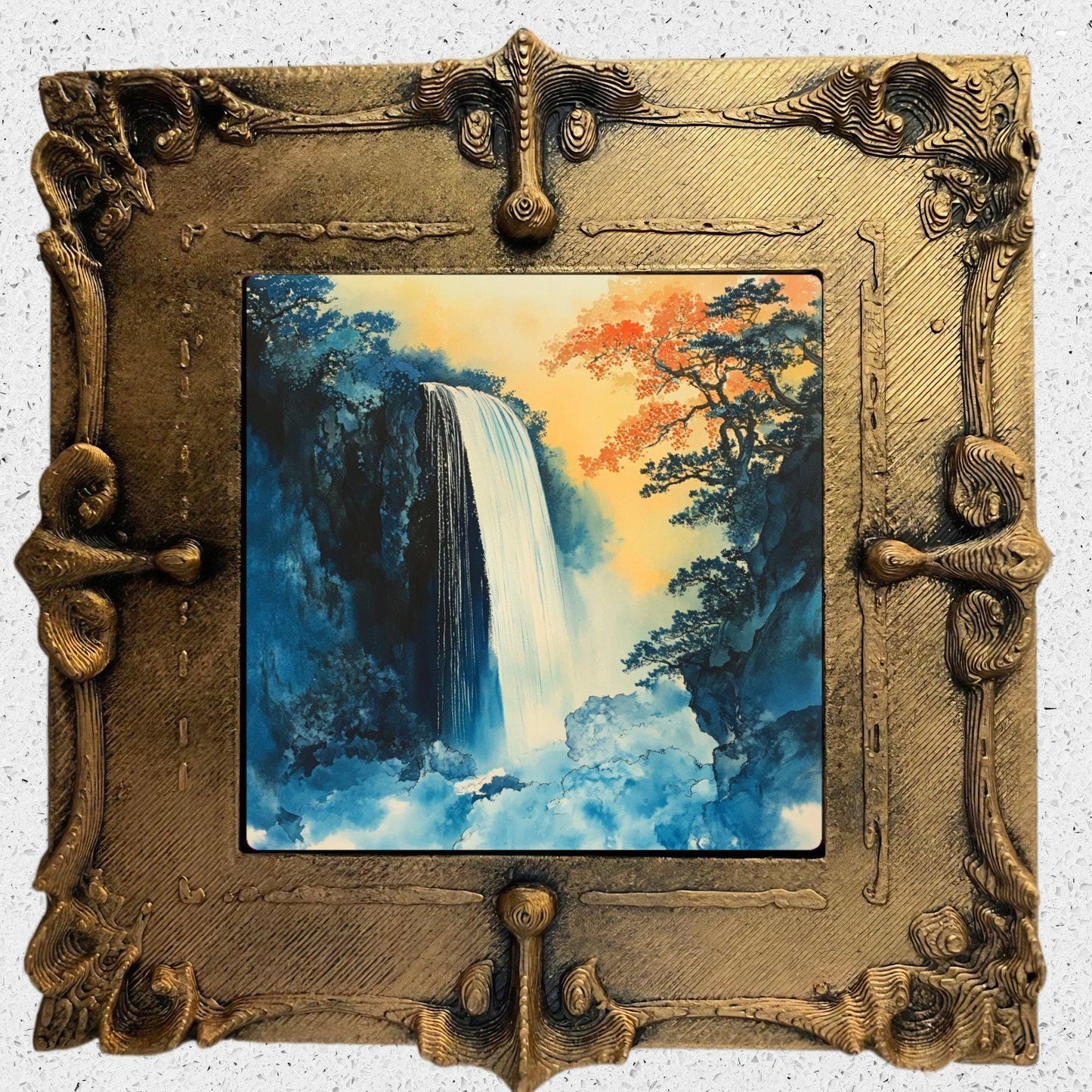 Hokisai Ukiyo Waterfall Gold Framed Refrigerator Magnet, Mini Art, Grand Millennial Style, Artful Kitchen Decor, Gift for Her fridgescaping