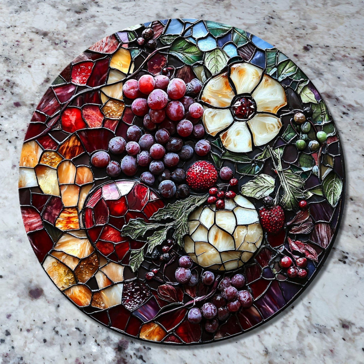 Grapes and Such Christmas Glass Cutting Board 8-inch Round Trivet Charcuterie Board Gift for Her Mom Kitchen Decor
