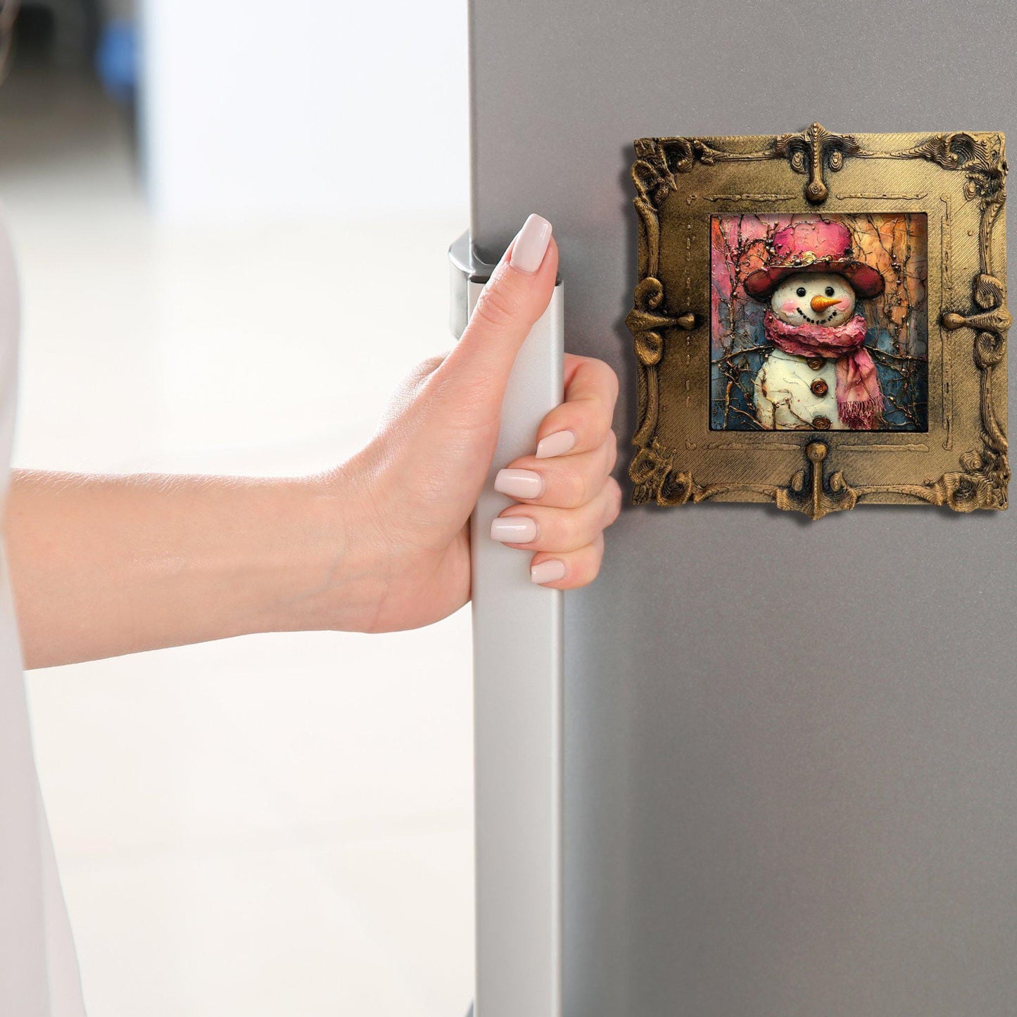 Pink Snowman Gold Framed Refrigerator Magnet, Mini Art, Grand Millennial Style, Artful Kitchen Decor, Gift for Her fridgescaping