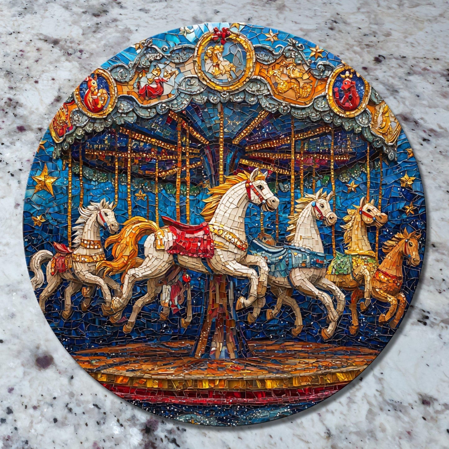 Horse Carousel Glass Cutting Board 8-inch Round Trivet Charcuterie Board Gift for Her Mom Kitchen Decor