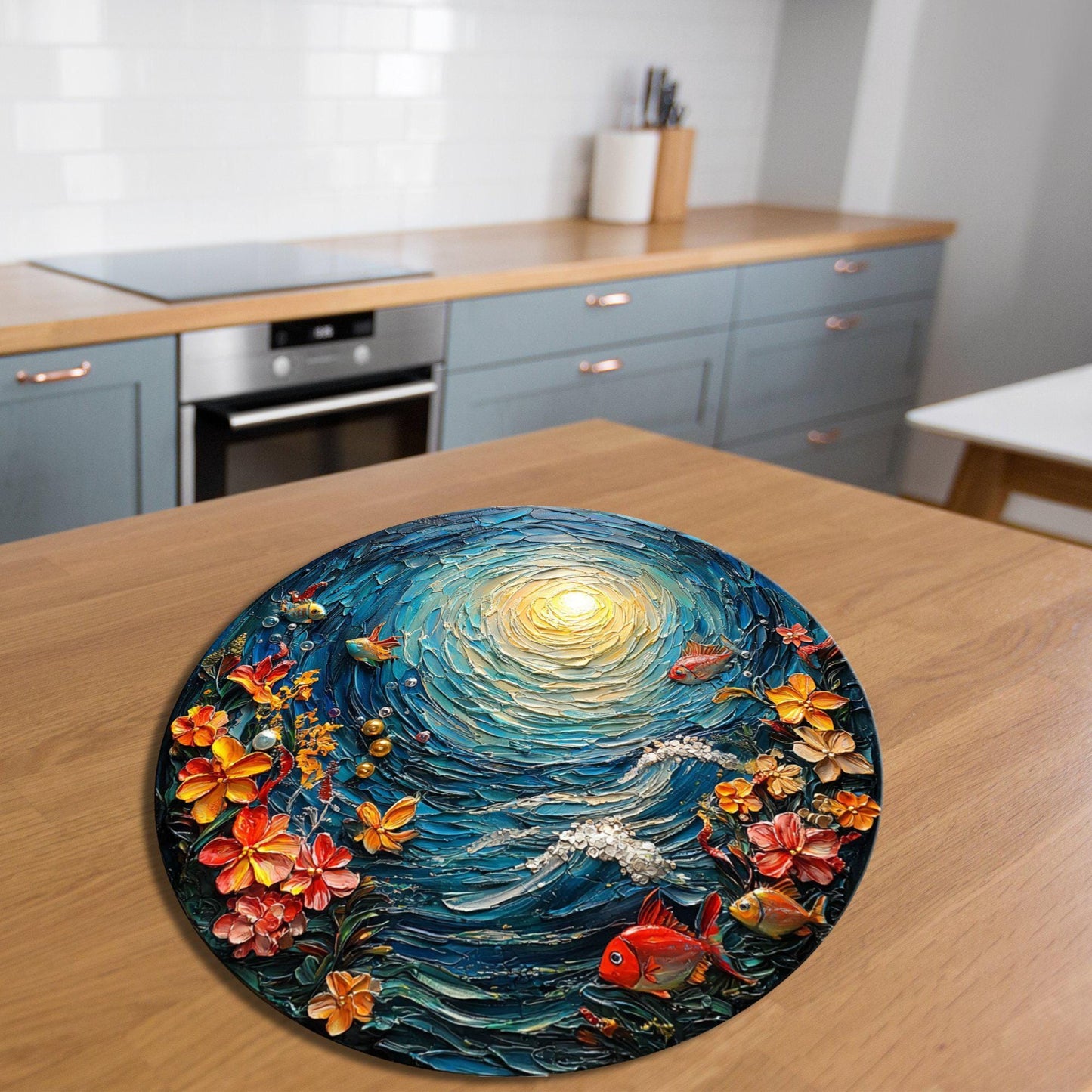 Glass Cutting Board Sunny Under the Sea Day 8-inch Round Trivet Charcuterie Board Gift for Her Mom Kitchen Decor