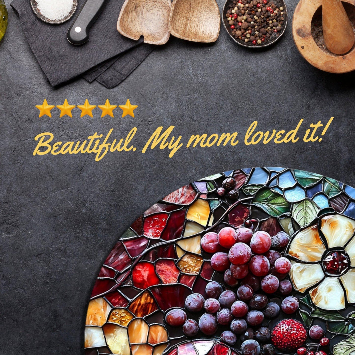 Grapes and Such Christmas Glass Cutting Board 8-inch Round Trivet Charcuterie Board Gift for Her Mom Kitchen Decor