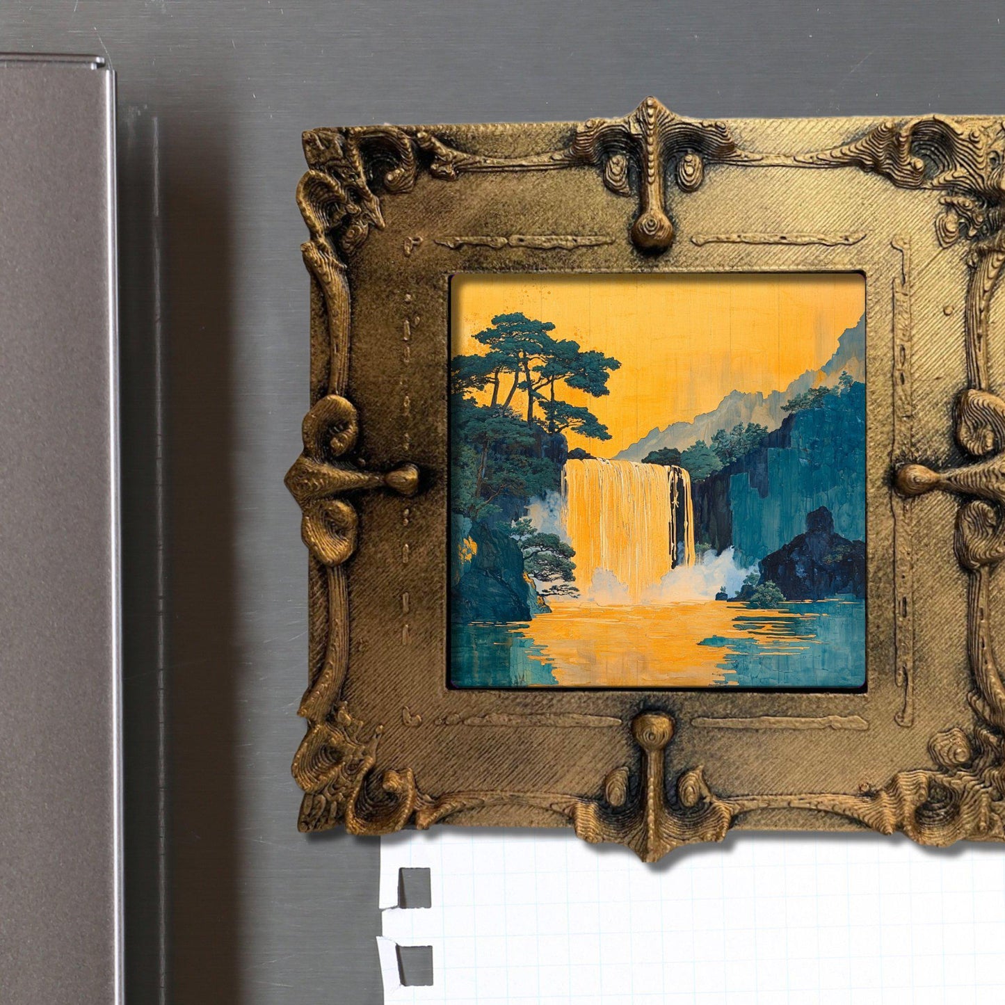 Hokisai Ukiyo Gold Framed Refrigerator Magnet, Mini Art, Grand Millennial Style, Artful Kitchen Decor, Gift for Her fridgescaping