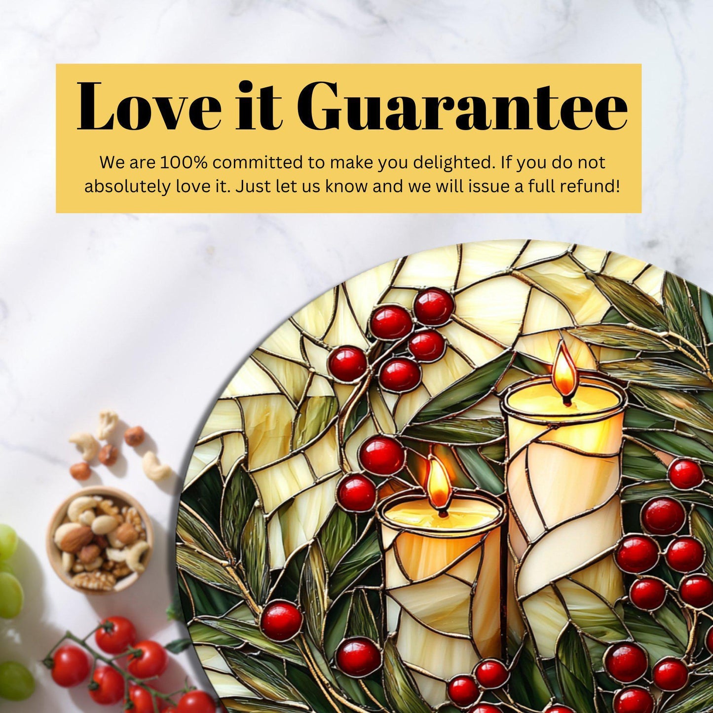 White Christmas Candles Glass Cutting Board 8-inch Round Trivet Charcuterie Board Gift for Her Mom Kitchen Decor