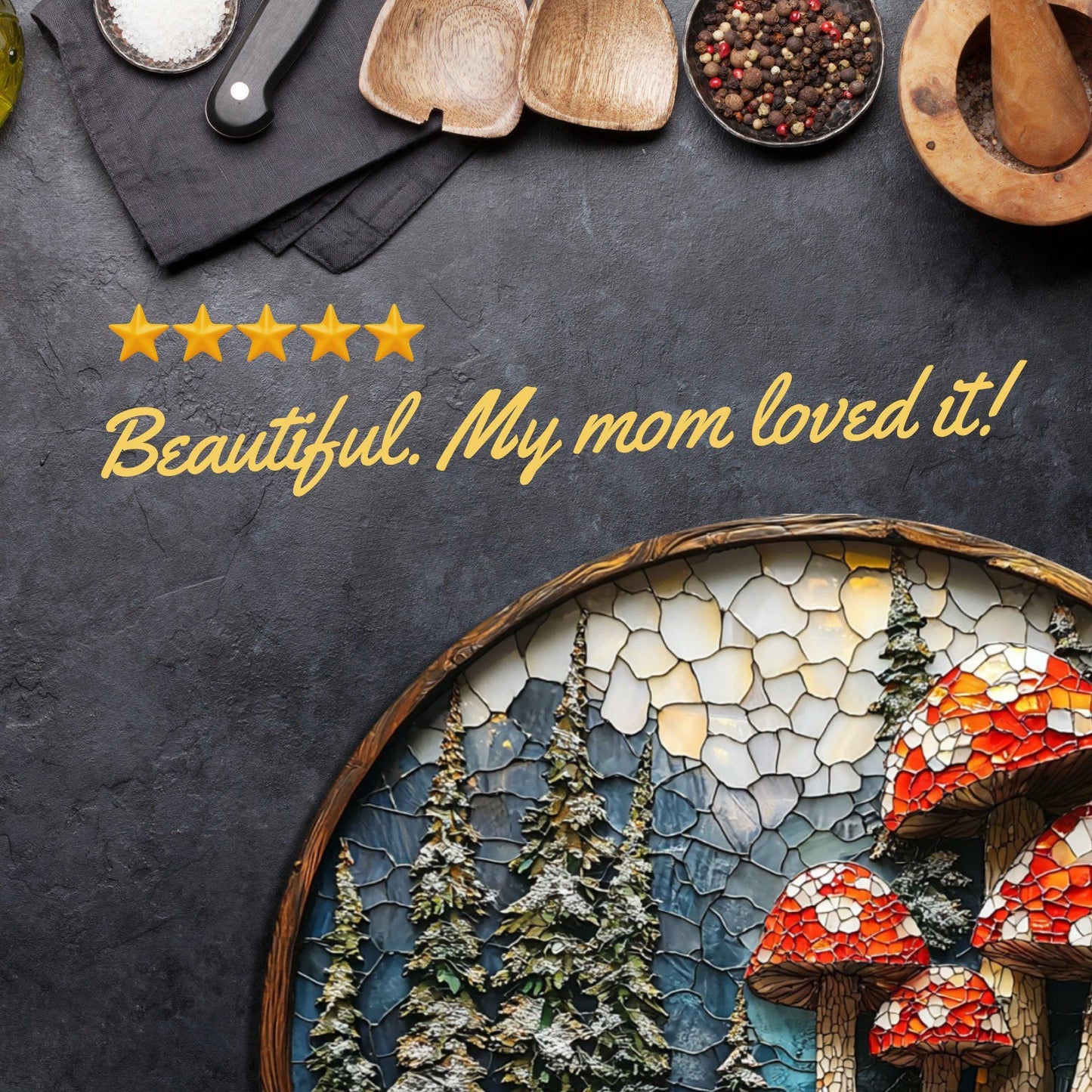 Winter Mushroom Patch Glass Cutting Board 8-inch Round Trivet Charcuterie Board Gift for Her Mom Kitchen Decor