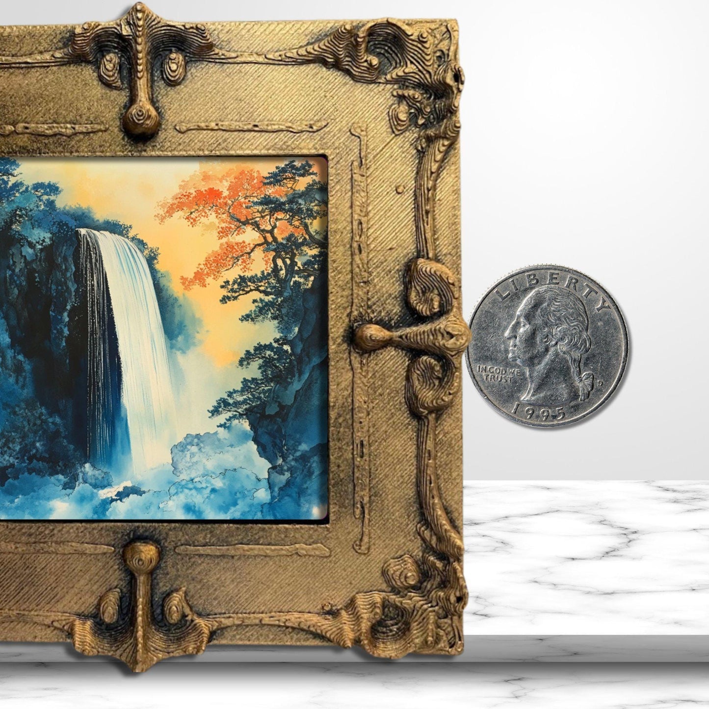 Hokisai Ukiyo Waterfall Gold Framed Refrigerator Magnet, Mini Art, Grand Millennial Style, Artful Kitchen Decor, Gift for Her fridgescaping