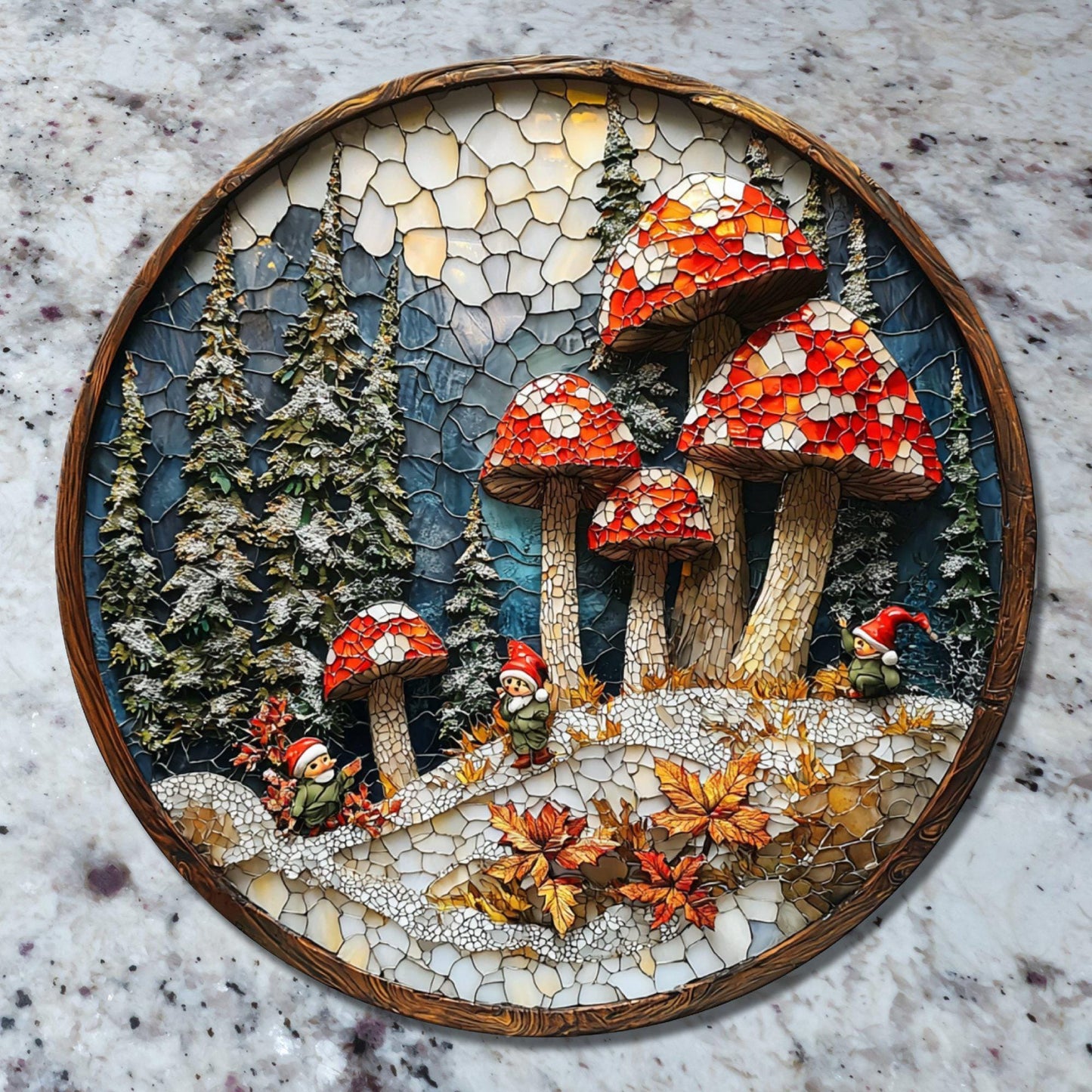 Winter Mushroom Patch Glass Cutting Board 8-inch Round Trivet Charcuterie Board Gift for Her Mom Kitchen Decor
