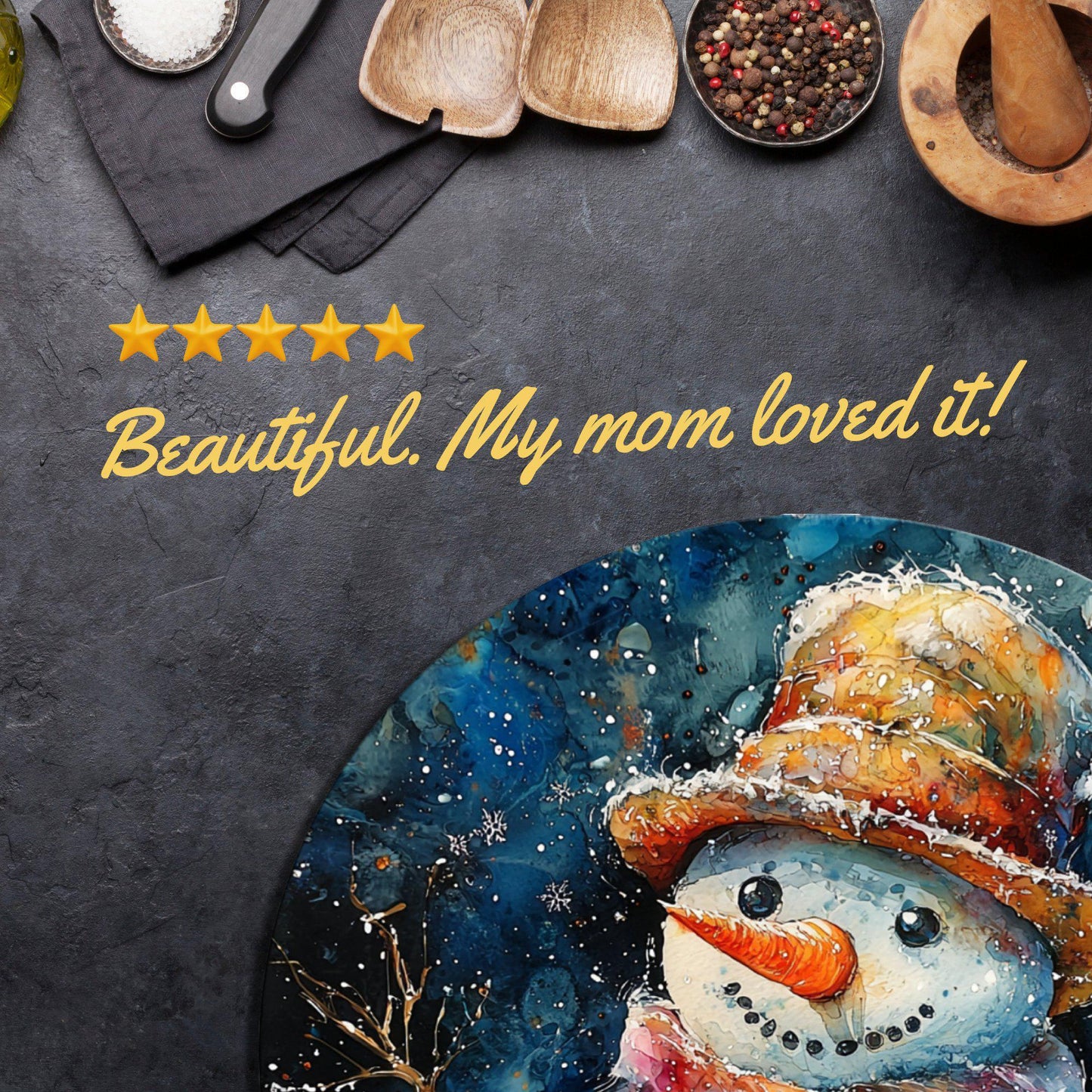 Snowman Glass Cutting Board 8-inch Round Trivet Charcuterie Board Gift for Her Mom Kitchen Decor