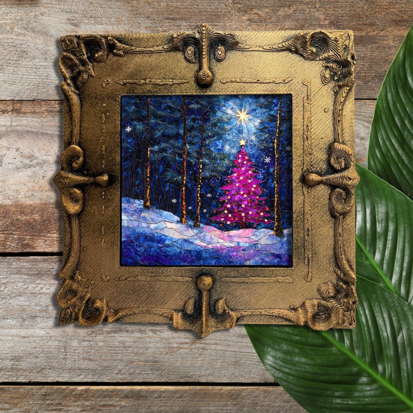 Pink Peaceful Christmas Tree Tiny Art Fridge Magnet Gold Framed Fridgescaping Art Picture Gallery Tiny Art Gift for Her Wife Mom