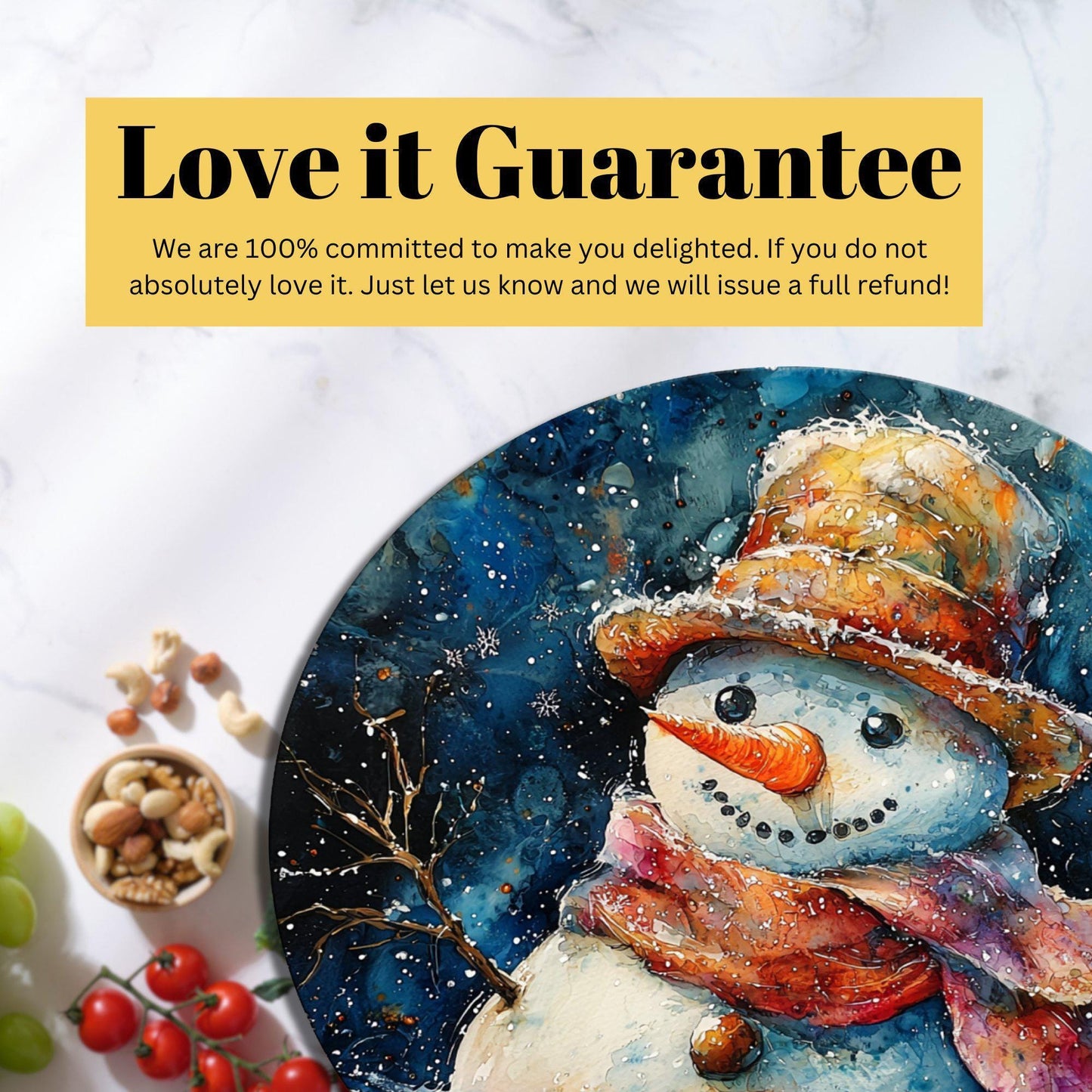 Snowman Glass Cutting Board 8-inch Round Trivet Charcuterie Board Gift for Her Mom Kitchen Decor