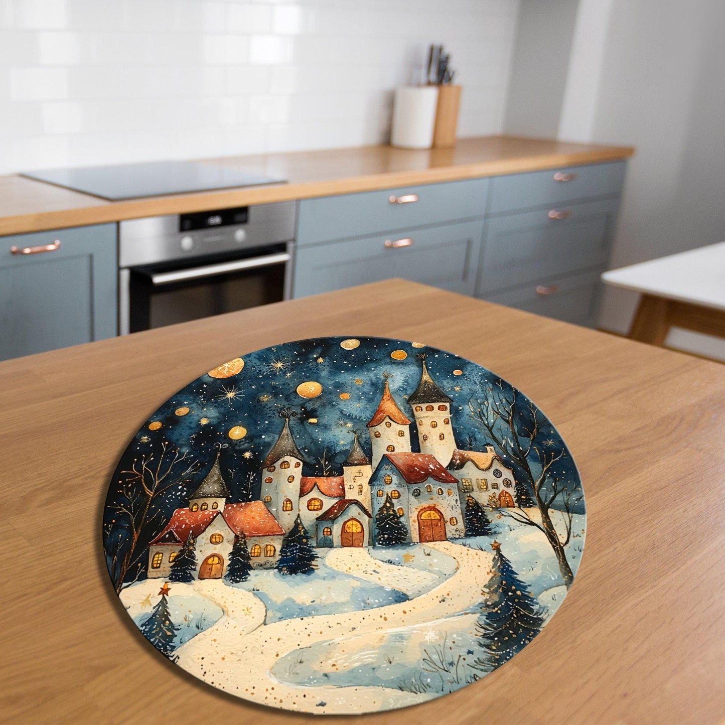 Christmas Village at Night Glass Cutting Board 8-inch Round Trivet Charcuterie Board Gift for Her Mom Kitchen Decor