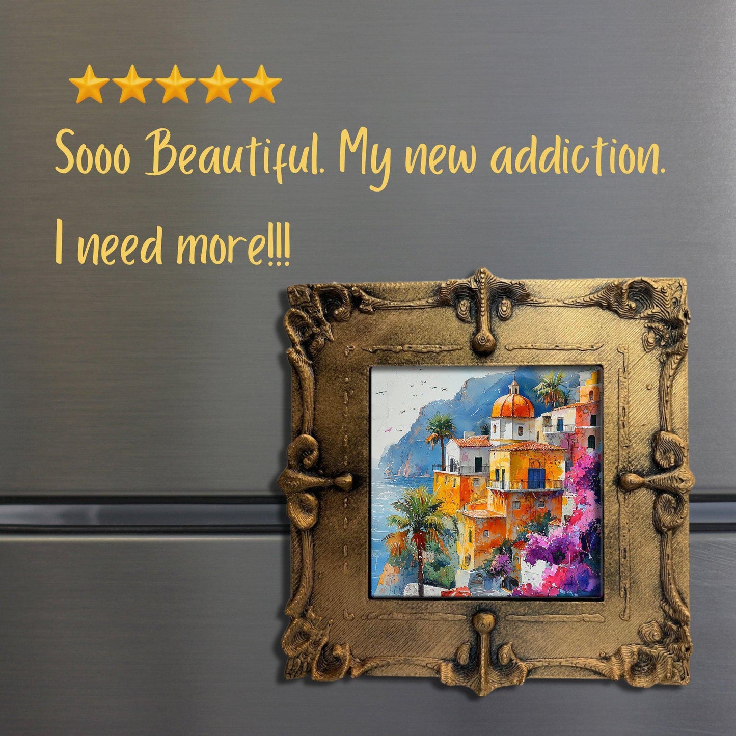 Positano Italy Gold Framed Refrigerator Magnet, Mini Art, Grand Millennial Style, Artful Kitchen Decor, Gift for Her fridgescaping