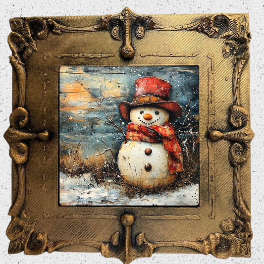 Vintage Snowman Gold Framed Refrigerator Magnet, Mini Art, Grand Millennial Style, Artful Kitchen Decor, Gift for Her fridgescaping