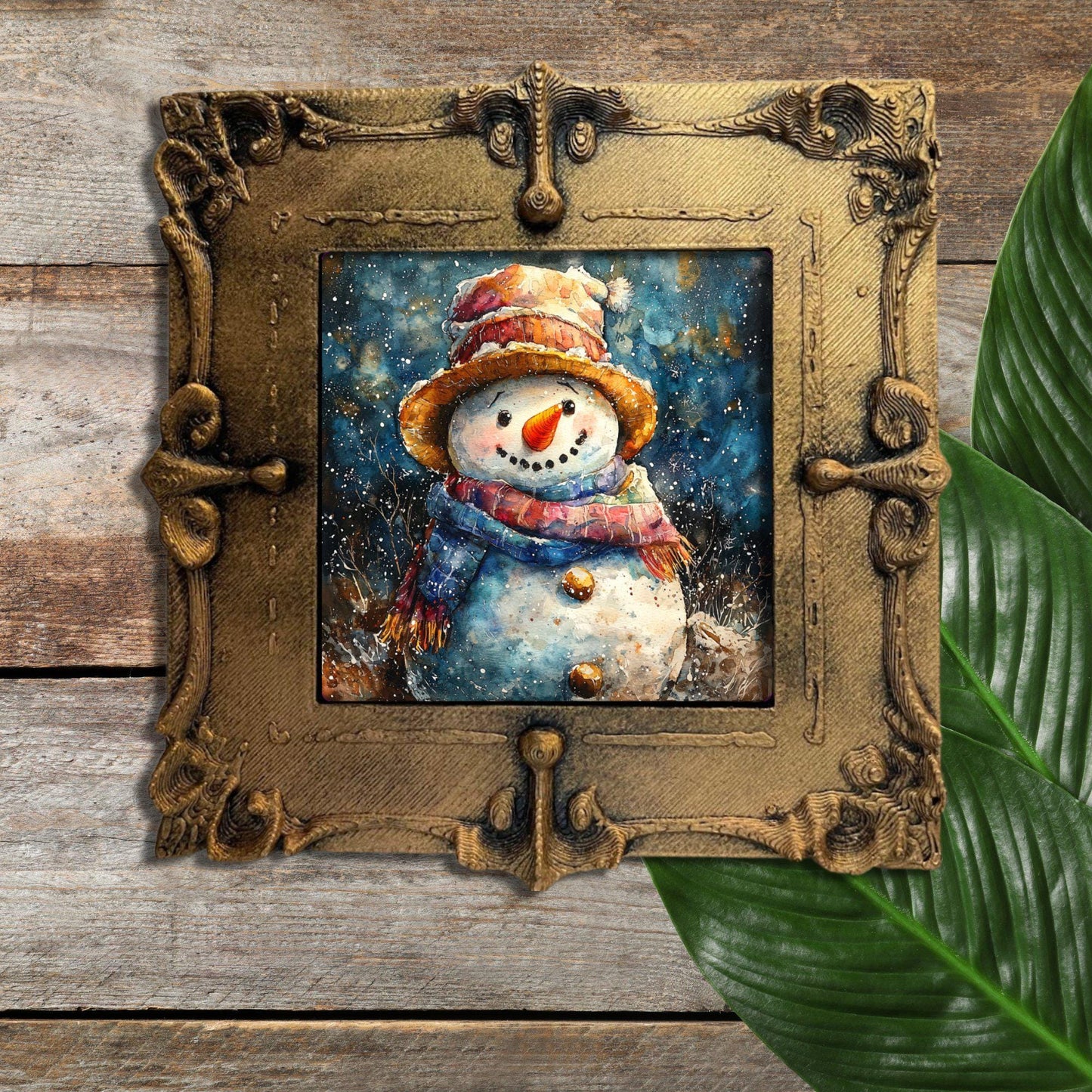 Vintage Snowman Tiny Art Fridge Magnet Gold Framed Fridgescaping Art Picture Gallery Tiny Art Gift for Her Wife Mom