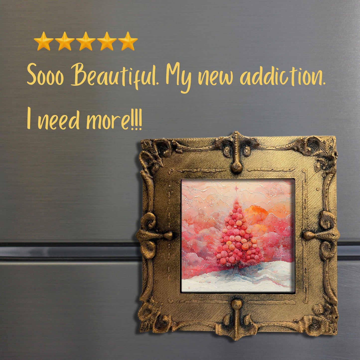 Pink Floral Christmas Tree Gold Framed Refrigerator Magnet, Mini Art, Grand Millennial Style, Artful Kitchen Decor, Gift for Her