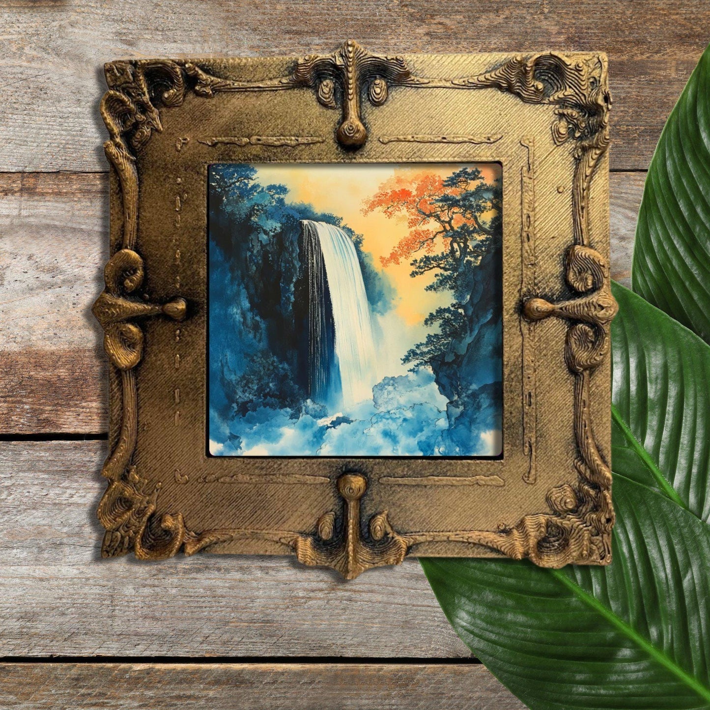 Hokisai Ukiyo Waterfall Gold Framed Refrigerator Magnet, Mini Art, Grand Millennial Style, Artful Kitchen Decor, Gift for Her fridgescaping