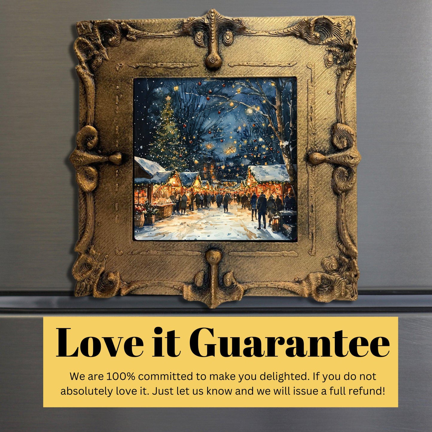 Christmas Market at Night Tiny Art Fridge Magnet Gold Framed Fridgescaping Art Picture Gallery Tiny Art Gift for Her Wife Mom