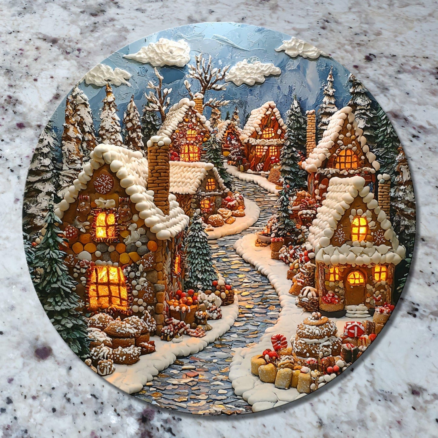 Gingerbread Village Glass Cutting Board 8-inch Round Trivet Charcuterie Board Gift for Her Mom Kitchen Decor