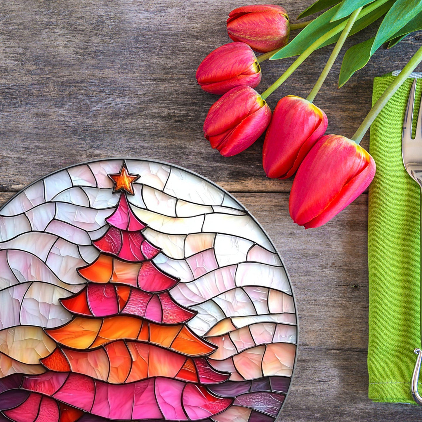 Pink Orange Christmas Tree Glass Cutting Board Trivet Hot Plate Charcuterie Board Gift for Her Mom Christmas Housewarming