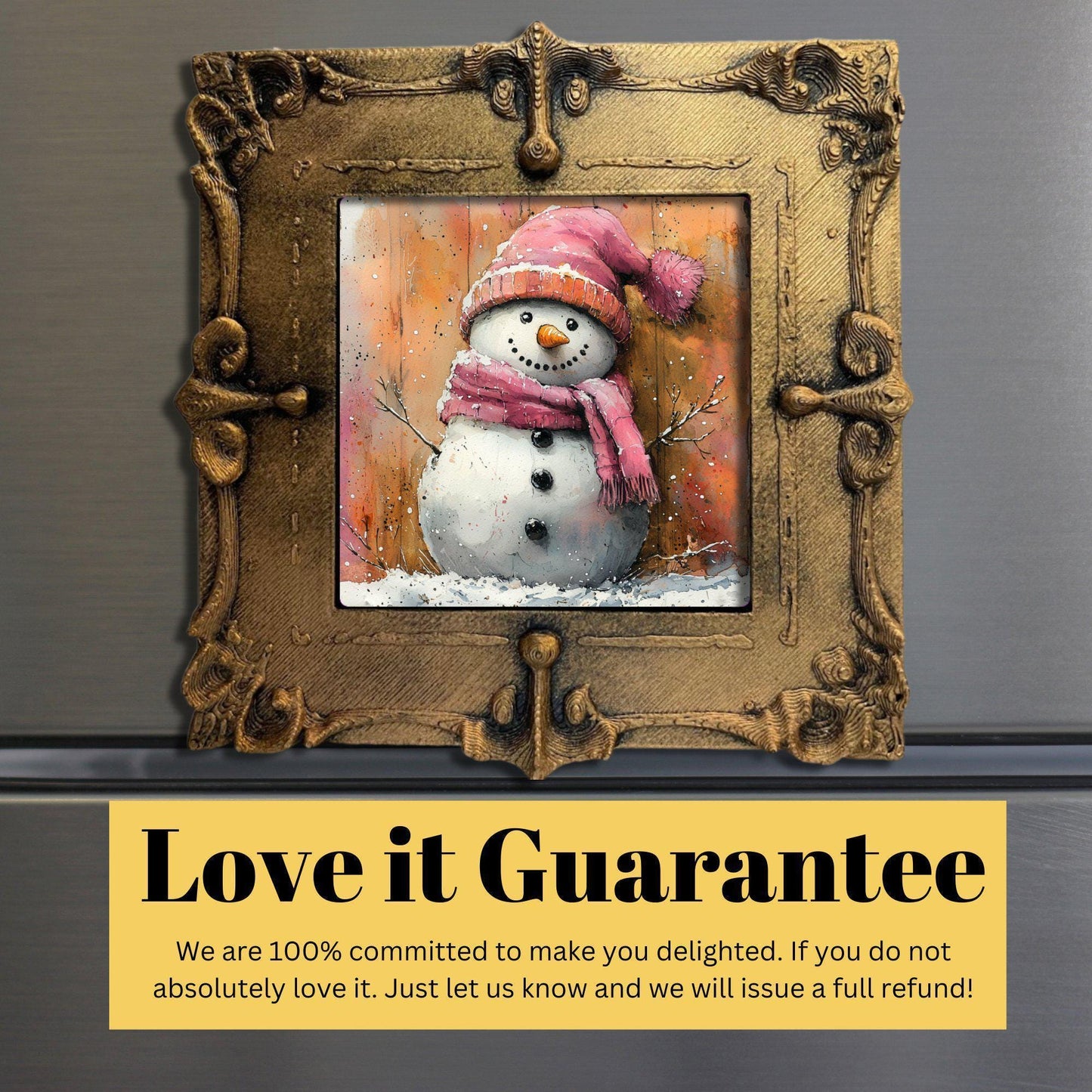 Pink Snow Man Gold Framed Refrigerator Magnet, Mini Art, Grand Millennial Style, Artful Kitchen Decor, Gift for Her fridgescaping