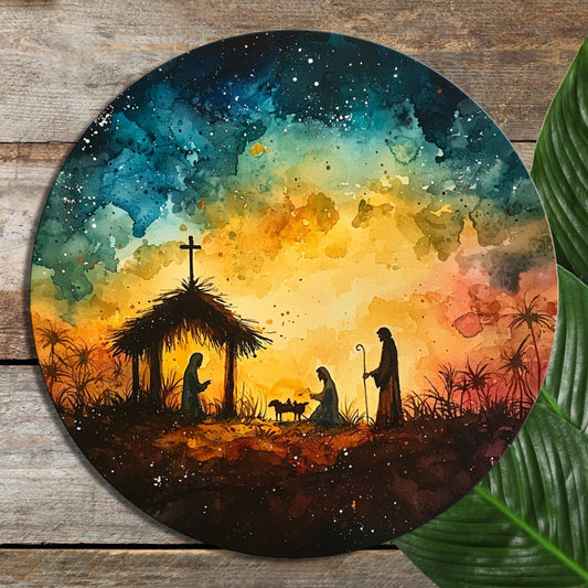 Vibrant Nativity Scene Glass Cutting Board 8-inch Round Trivet Charcuterie Board Gift for Her Mom Kitchen Decor