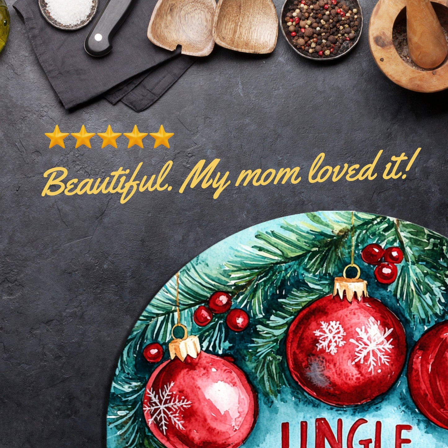 Jingle All the Way Glass Cutting Board 8-inch Round Trivet Charcuterie Board Gift for Her Mom Kitchen Decor