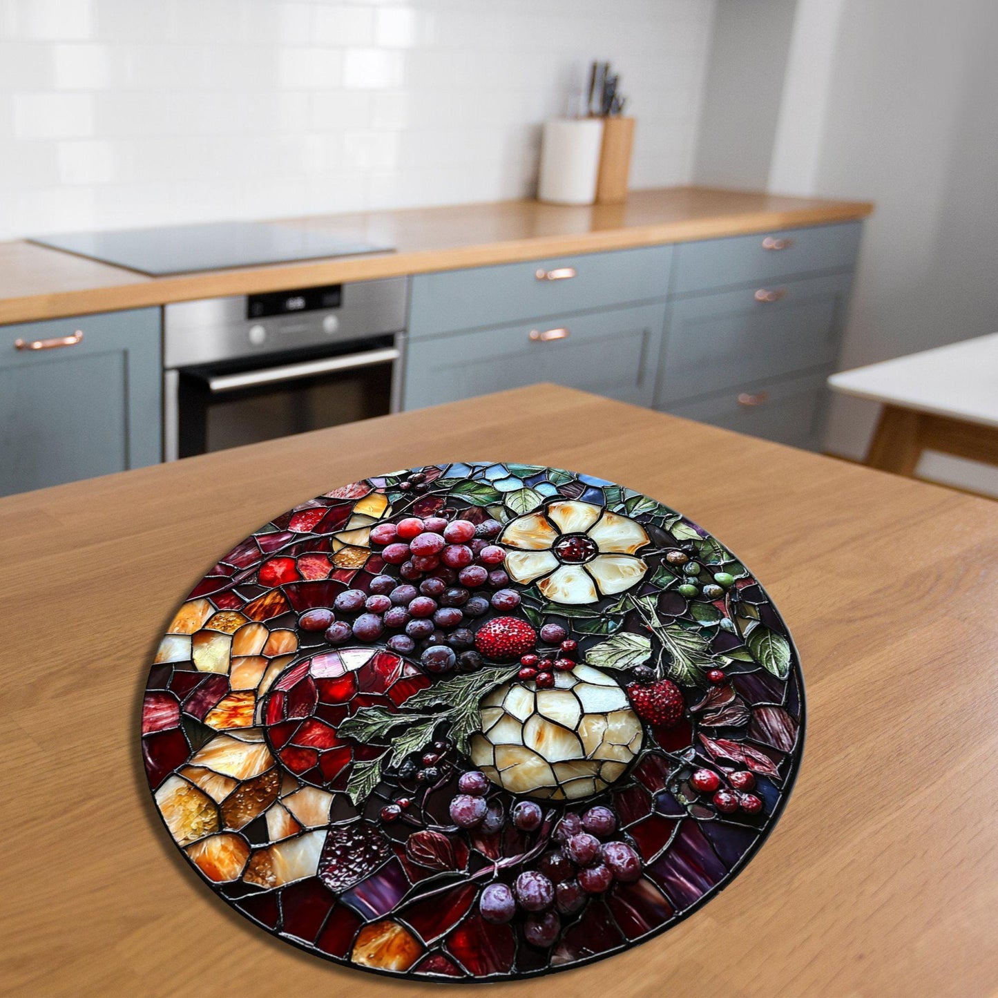 Grapes and Such Christmas Glass Cutting Board 8-inch Round Trivet Charcuterie Board Gift for Her Mom Kitchen Decor