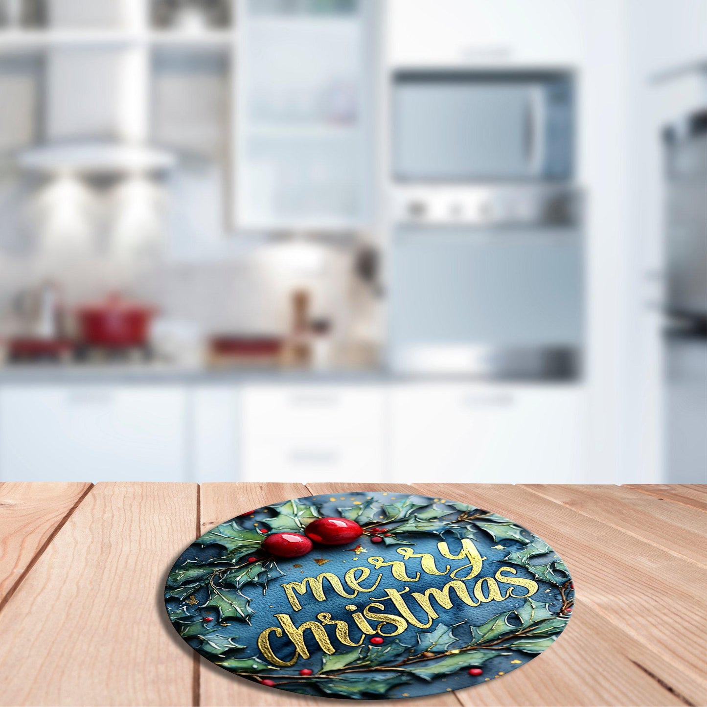 Merry Christmas Holly Glass Cutting Board 8-inch Round Trivet Charcuterie Board Gift for Her Mom Kitchen Decor
